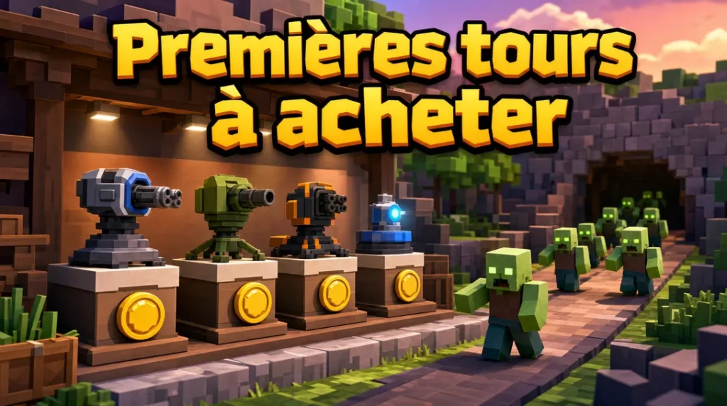 Boutique en blocs où des tourelles posées sur des présentoirs portent chacune une pièce d’or, devant un chemin où avancent des zombies verts, sous le titre « Premières tours à acheter ».