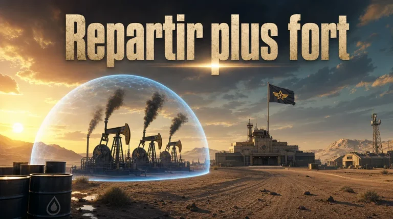 Base militaire au lever du jour avec des extracteurs de pétrole fumants sous un dôme bleu, des barils et un drapeau au loin, sous le titre « Repartir plus fort ».