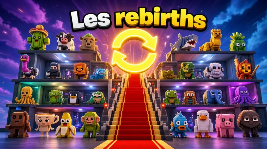 Base à plusieurs étages remplie de petites créatures colorées, avec un tapis rouge qui monte vers une icône dorée de flèches circulaires, sous le titre « Les rebirths ».