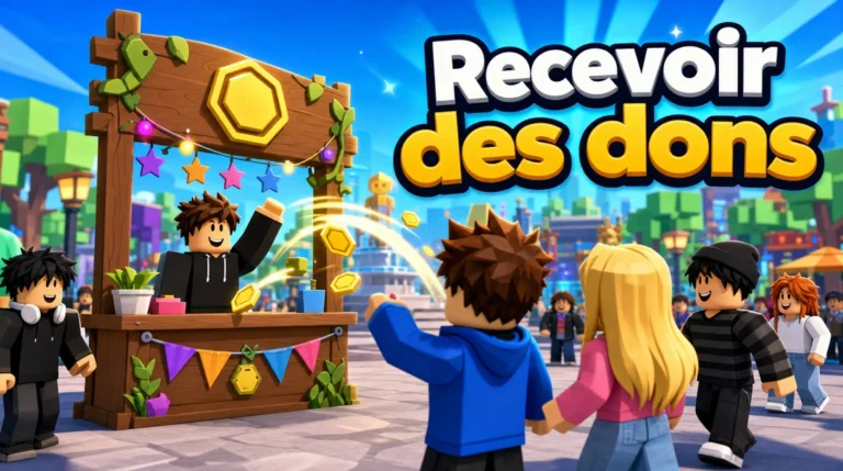Illustration aux couleurs de Roblox : sur une place animée, un joueur en sweat noir salue derrière un stand en bois décoré de guirlandes, d’étoiles et de fanions, tandis que des pièces dorées hexagonales volent vers lui et que d’autres joueurs s’approchent, à côté du titre « Recevoir des dons ».