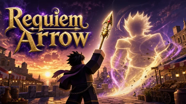 Personnage Roblox brandissant une flèche dorée ornée sur une terrasse au crépuscule, tandis qu’une silhouette lumineuse se forme derrière lui, avec le titre « Requiem Arrow ».