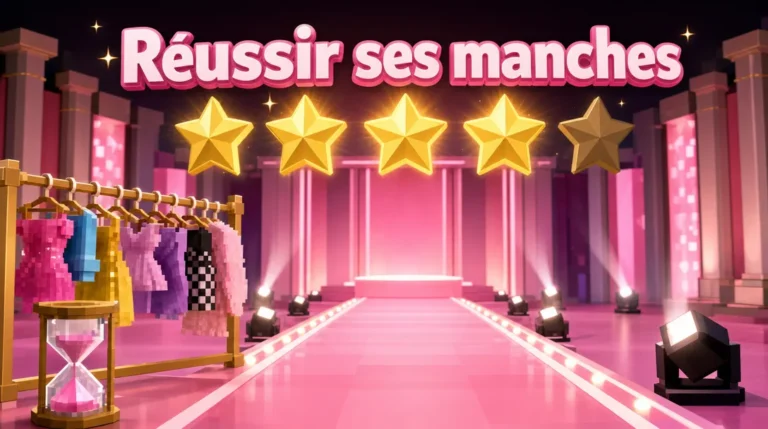 Podium de défilé rose bordé de projecteurs, avec un portant de robes colorées, un sablier et cinq étoiles dorées, sous le titre « Réussir ses manches ».
