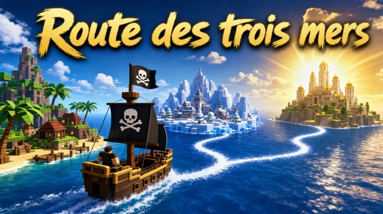 Illustration aux couleurs de Roblox : un bateau pirate à voile noire marquée d’une tête de mort quitte une île tropicale ; son sillage blanc serpente vers une île enneigée, puis vers une cité dorée baignée de lumière à l’horizon, sous le titre « Route des trois mers ».