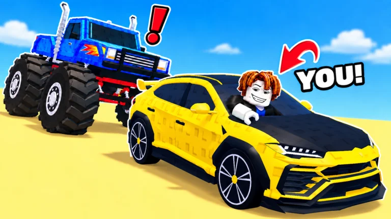 Visuel officiel de Steal A Car : un avatar Roblox souriant au volant d’un SUV de sport jaune et noir, désigné par une flèche rouge et le mot « YOU! », fuit devant un monster truck bleu surmonté d’un point d’exclamation rouge, sur du sable.