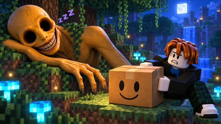 Visuel officiel de Steal A Verity! : un avatar Roblox inquiet s’empare d’un carton marqué d’un smiley, à côté d’une immense créature jaune au crâne chauve et au large sourire, endormie sur des blocs de verdure ; au fond, une cascade et une lune.