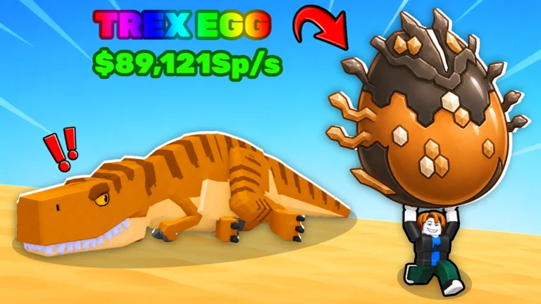 Visuel officiel de Steal An Egg : un avatar Roblox soulève au-dessus de sa tête un énorme œuf brun et cuivré près d’un T-Rex couché dans le sable, sous les textes « TREX EGG » et un gain en dollars par seconde.