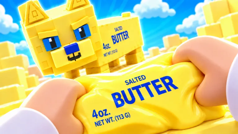 Visuel officiel de Steal ASMR! : deux mains écrasent une plaquette de beurre molle marquée « SALTED BUTTER 4oz. NET WT. (113 G) », devant un chat en blocs fait de plaquettes de beurre, sous un ciel bleu.