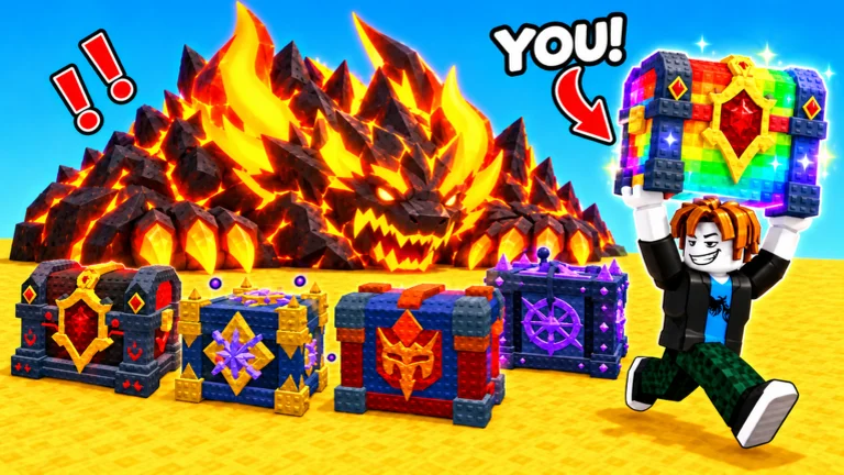 Visuel officiel de Steal From The Rich! : un avatar Roblox souriant court en brandissant un coffre arc-en-ciel, désigné par « YOU! » ; devant un monstre de roche et de lave, quatre autres coffres ornés sont posés sur le sable.