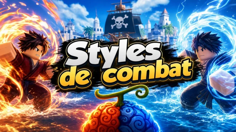 Illustration aux couleurs de Roblox : deux combattants à mains nues s’affrontent au bord de la mer, l’un en tenue rouge sombre entouré de flammes orange, l’autre en tenue bleu nuit entouré de tourbillons d’eau et d’éclairs bleus ; derrière eux, un navire pirate au drapeau à tête de mort et une ville aux tours blanches, et au premier plan un fruit du démon moitié orange, moitié bleu, à motifs en spirale, avec au centre le titre « Styles de combat ».