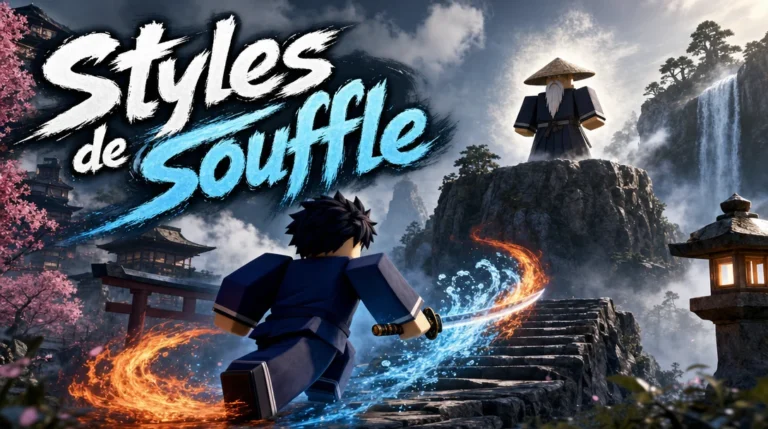 Illustration aux couleurs de Roblox : un jeune pourfendeur en tenue bleu nuit grimpe un escalier de pierre, son sabre entouré d’une traînée de flammes orange et d’eau bleue, vers un maître au chapeau de paille et à la barbe blanche debout au sommet d’une falaise brumeuse, parmi des cerisiers en fleurs, un torii et une cascade, à côté du titre « Styles de souffle ».