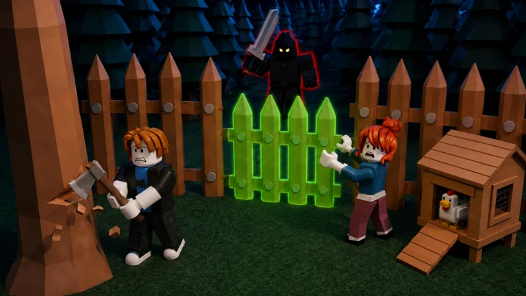 Visuel officiel de Survive Deep in the Woods : la nuit, dans une forêt de sapins, un avatar coupe un arbre à la hache et une avatar rousse tient une clôture lumineuse verte, tandis qu’une silhouette sombre aux yeux jaunes brandit une épée ; à droite, un poulailler.