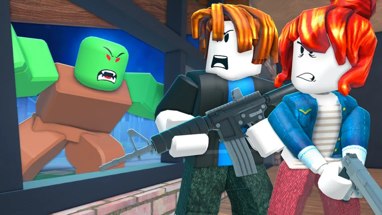 Visuel officiel de Survive the Apocalypse : derrière une fenêtre, un zombie à la peau verte et aux yeux rouges menace deux personnages Roblox à l’air résolu, un garçon aux cheveux bruns armé d’un fusil d’assaut et une fille aux cheveux roux tenant un pistolet.