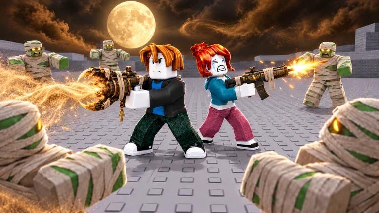 Visuel officiel de Survive Zombie Arena : sous une pleine lune, deux avatars Roblox, un garçon roux et une fille aux couettes rousses, tirent avec des armes dorées sur des zombies momifiés couverts de bandelettes qui les encerclent.