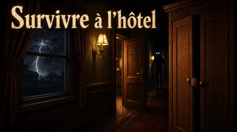 Couloir d’hôtel ancien éclairé par une applique, avec une porte entrouverte, une armoire en bois, une silhouette aux yeux brillants au fond et l’orage à la fenêtre, sous le titre « Survivre à l’hôtel ».
