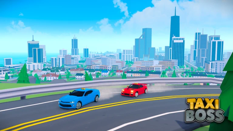 Visuel officiel de Taxi Boss : deux voitures, l’une bleue et l’autre rouge, coiffées d’un lumineux de taxi, dérapent côte à côte sur une route de colline devant une grande ville aux gratte-ciel, avec le logo « Taxi Boss » en bas à droite.