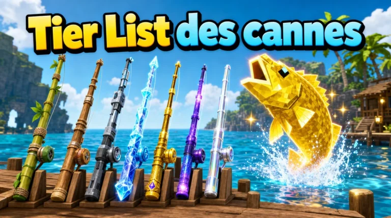 Illustration aux couleurs de Roblox : sept cannes à pêche de styles différents, en bambou, en bois, en métal sombre, en cristal bleu, dorée, violette et argentée, posées sur des supports au bord d’un ponton en bois face à une mer turquoise, tandis qu’un grand poisson doré aux écailles cubiques jaillit de l’eau près d’une île tropicale, sous le titre « Tier List des cannes ».