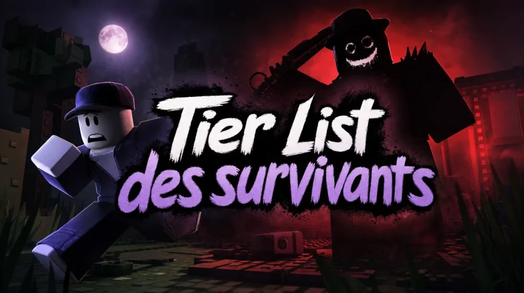 Illustration aux couleurs de Roblox : un avatar Roblox en casquette et tenue bleu nuit s’enfuit, l’air effrayé, sous une pleine lune, tandis qu’une grande silhouette sombre au sourire inquiétant, coiffée d’un chapeau et armée, se dresse dans une lueur rouge au milieu de ruines en blocs, sous le titre « Tier List des survivants ».