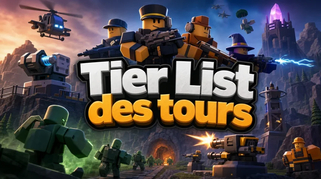 Illustration aux couleurs de Roblox : des avatars Roblox en tenue de soldat, de pilote, d’ouvrier et de magicien tirent depuis les hauteurs aux côtés de tourelles, d’un canon et d’un hélicoptère, face à une file de zombies verts qui sort d’un tunnel le long d’un chemin de pierre, entre falaises et tours de guet au crépuscule, sous le titre « Tier List des tours ».