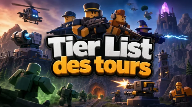 Illustration aux couleurs de Roblox : des avatars Roblox en tenue de soldat, de pilote, d’ouvrier et de magicien tirent depuis les hauteurs aux côtés de tourelles, d’un canon et d’un hélicoptère, face à une file de zombies verts qui sort d’un tunnel le long d’un chemin de pierre, entre falaises et tours de guet au crépuscule, sous le titre « Tier List des tours ».