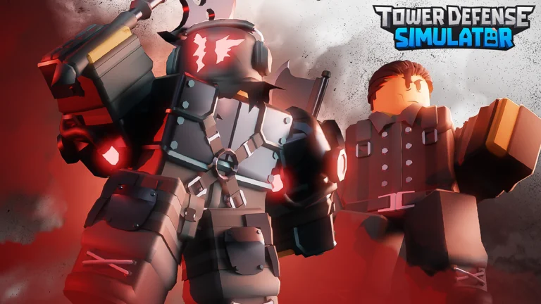Visuel officiel de Tower Defense Simulator : deux soldats Roblox en tenue de combat, l’un en armure aux reflets rouges, avec le logo du jeu.