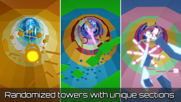 Visuel officiel de Tower of Hell : trois vues en contre-plongée de l’intérieur de tours colorées, orange, verte et rose, remplies de plateformes et d’obstacles lumineux, avec la légende « Randomized towers with unique sections ».