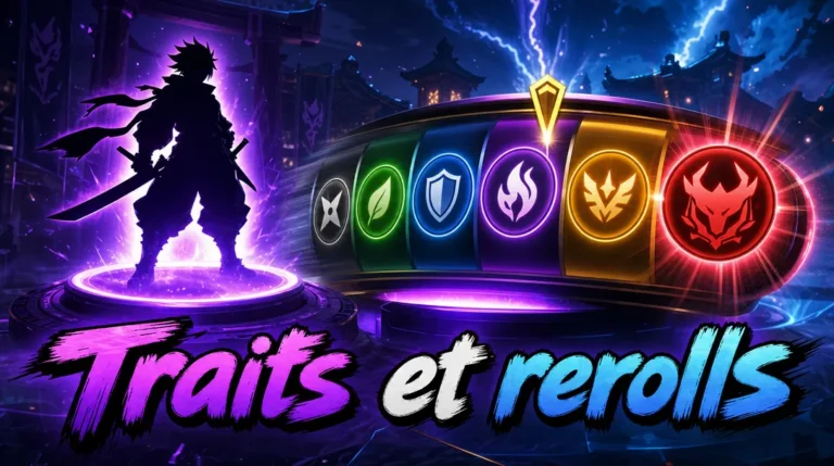 Silhouette de combattant sur un socle lumineux devant une roue de tirage d’emblèmes colorés, du gris au rouge, avec le titre « Traits et rerolls ».