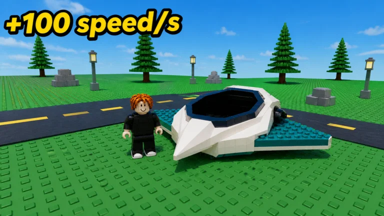 Visuel officiel de Try To Reach The Final Island : un avatar Roblox aux cheveux roux se tient à côté d’un petit vaisseau blanc et turquoise posé au bord d’une route, dans un parc planté de sapins, sous l’inscription « +100 speed/s ».