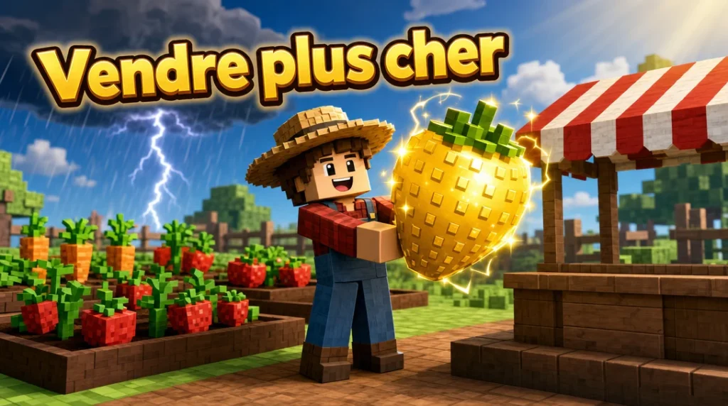Illustration au style cubique de Roblox : un jardinier en chapeau de paille, chemise à carreaux rouges et salopette bleue, brandit un énorme fruit doré et scintillant semblable à un ananas, entouré de petits éclairs, à côté d’un stand de vente en bois au store rayé rouge et blanc ; derrière lui, des carrés de potager plantés de carottes et de fraises, sous un ciel d’orage traversé par un éclair, avec le titre « Vendre plus cher ».