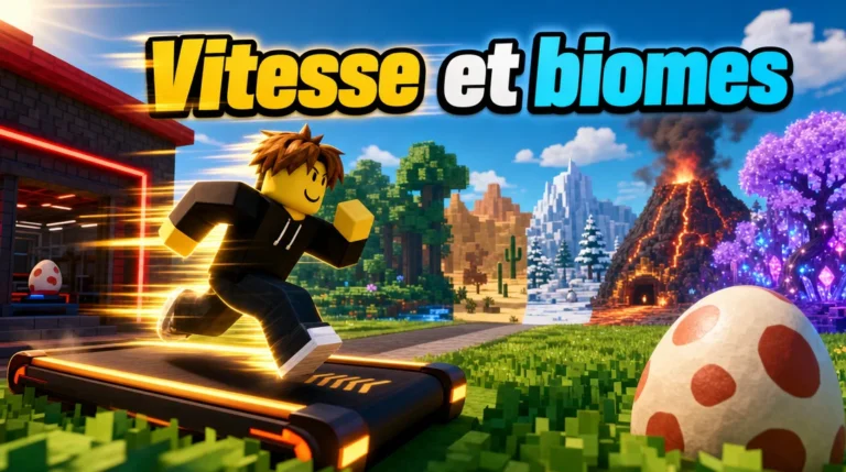 Illustration aux couleurs de Roblox : un personnage aux cheveux bruns en sweat noir court à toute vitesse sur un tapis de course lumineux devant sa base, où un œuf est posé ; derrière lui s’enchaînent une forêt, un désert, des montagnes enneigées, un volcan en éruption et une forêt enchantée aux arbres violets, avec au premier plan un gros œuf blanc tacheté de rouge, sous le titre « Vitesse et biomes ».