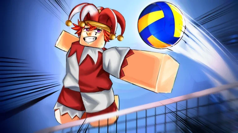Visuel officiel de Volleyball Legends : un joueur Roblox en costume de bouffon rouge et blanc smashe un ballon de volley au-dessus du filet.
