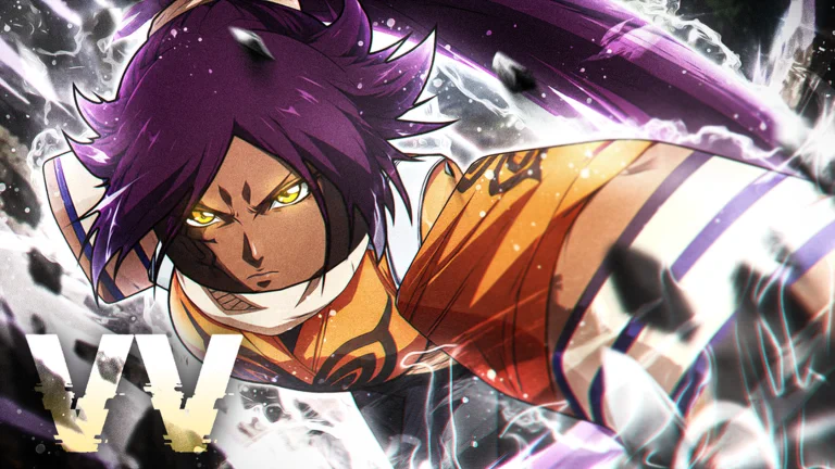 Visuel officiel de VV: ULTIMATUM : une combattante au style manga, cheveux violets attachés, yeux dorés et écharpe blanche, s’élance en tenue orange au milieu d’éclairs blancs et de débris, avec les lettres « VV » en bas à gauche.