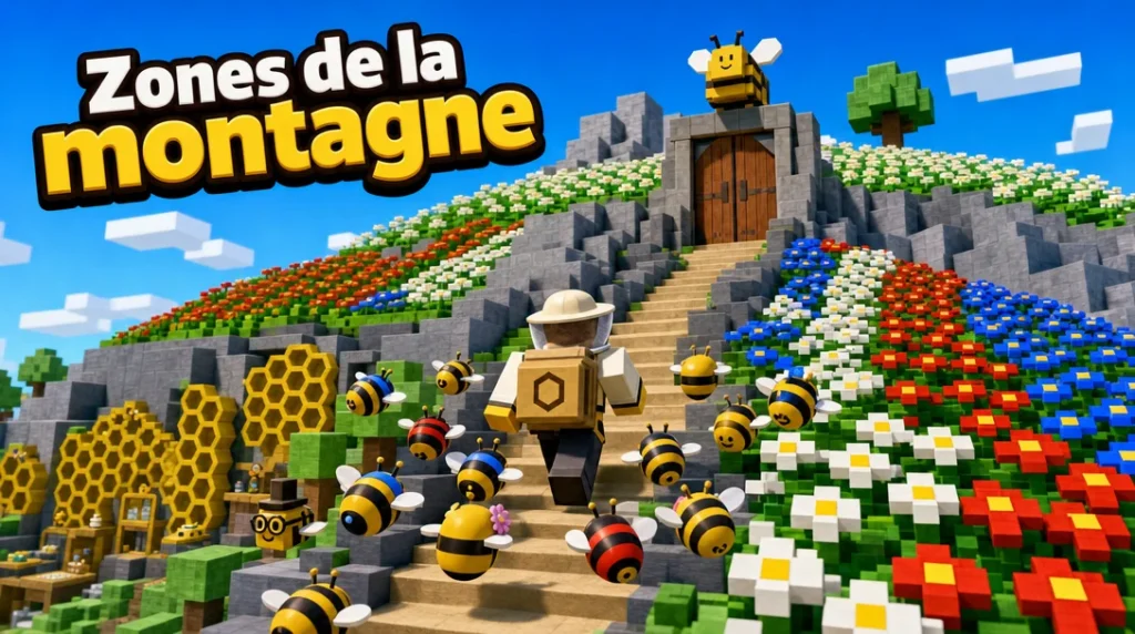 Illustration au style cubique de Roblox : un apiculteur en chapeau à voile, sac sur le dos, suivi d’un essaim d’abeilles rondes et rayées, gravit un escalier de pierre vers une grande porte en bois surmontée d’une abeille, entre des champs de fleurs blanches, rouges et bleues en damier et des ruches en nid d’abeille, sous le titre « Zones de la montagne ».